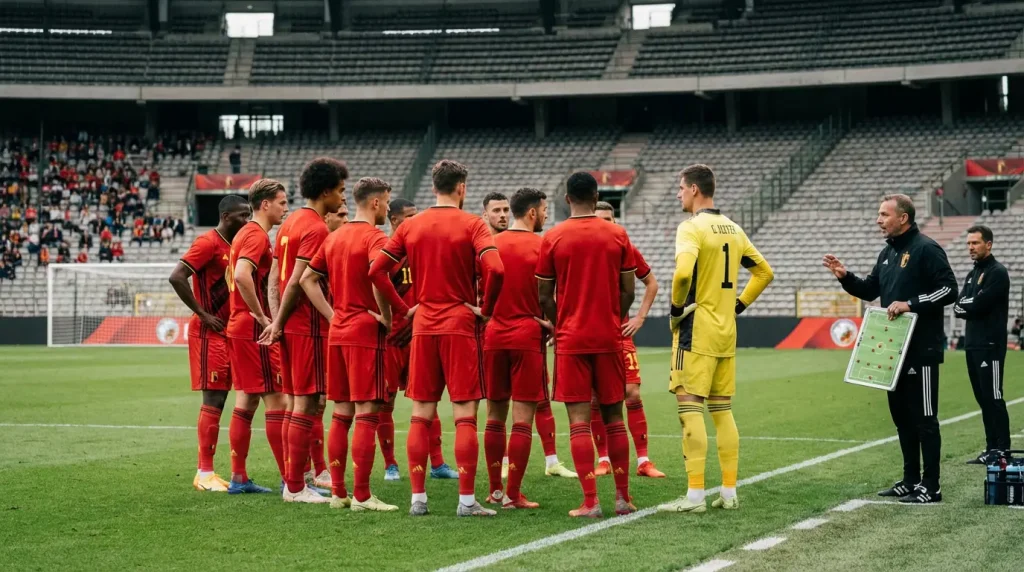 Belgická fotbalová reprezentace Rode Duivels na MS 2026 – hráči v červených dresech na stadionu