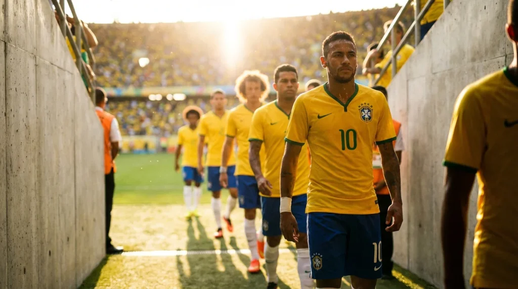 Brazilská fotbalová reprezentace na MS 2026 – hráči ve žlutých dresech na fotbalovém stadionu