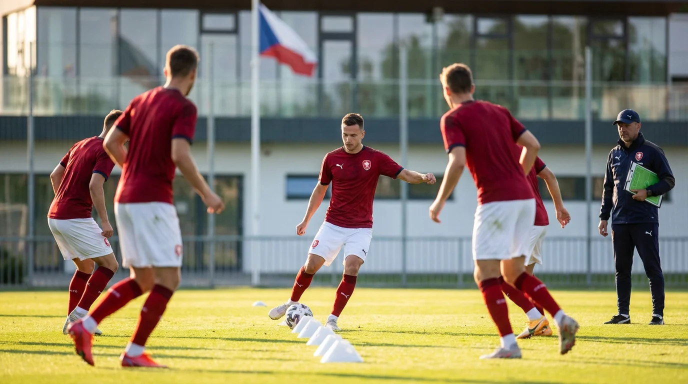 Čeští fotbaloví hráči při tréninku v národních dresech před mistrovstvím světa 2026