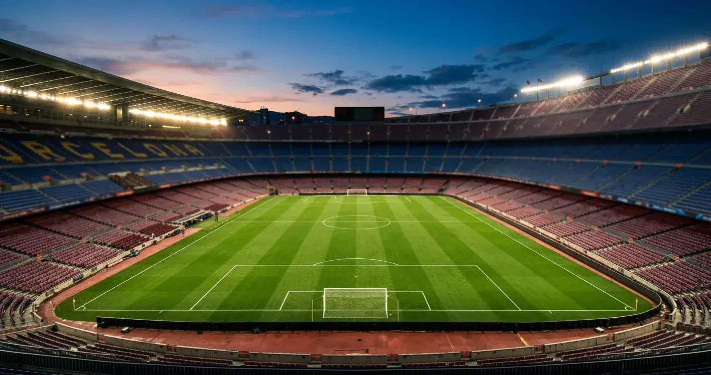 Pr&aacute;zdn&yacute; fotbalov&yacute; stadion s reflektory ve večern&iacute;m osvětlen&iacute; před fin&aacute;le