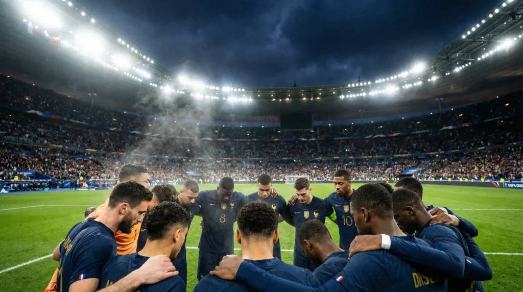 Francouzská fotbalová reprezentace Les Bleus na MS 2026 – hráči v modrých dresech na trávníku