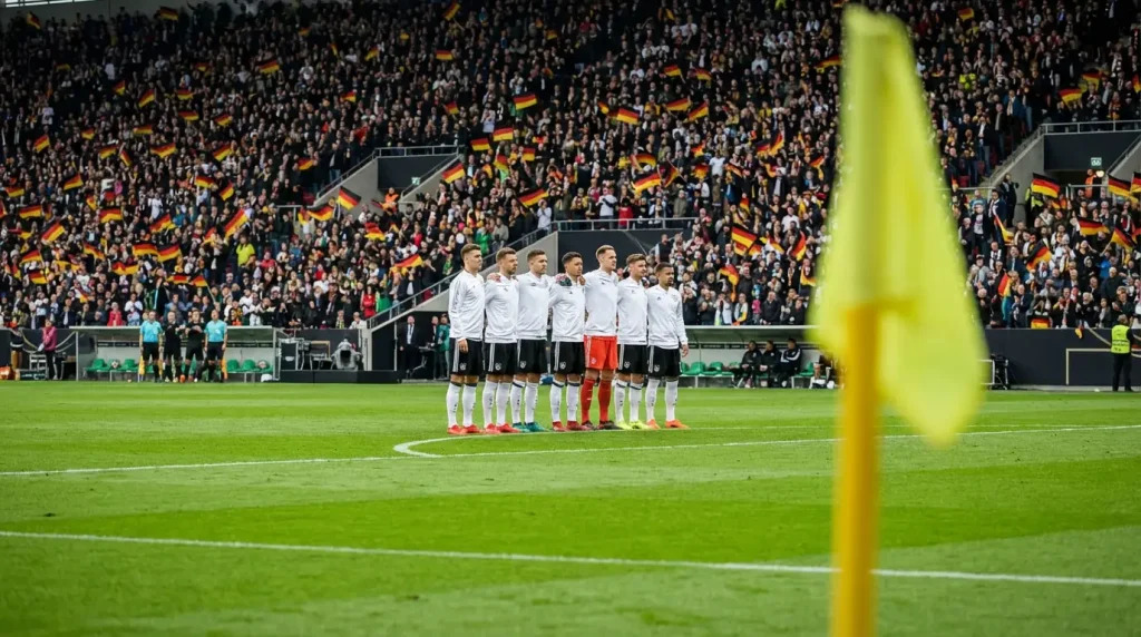 Německá fotbalová reprezentace Mannschaft na MS 2026 – hráči v bílých dresech na stadionu