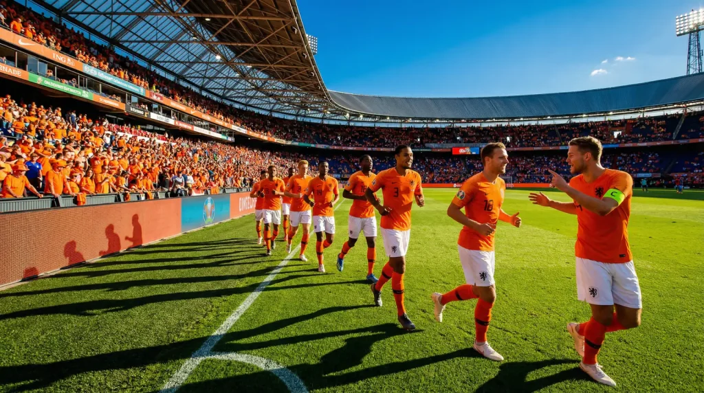 Nizozemská fotbalová reprezentace Oranje na MS 2026 – hráči v oranžových dresech na fotbalovém hřišti