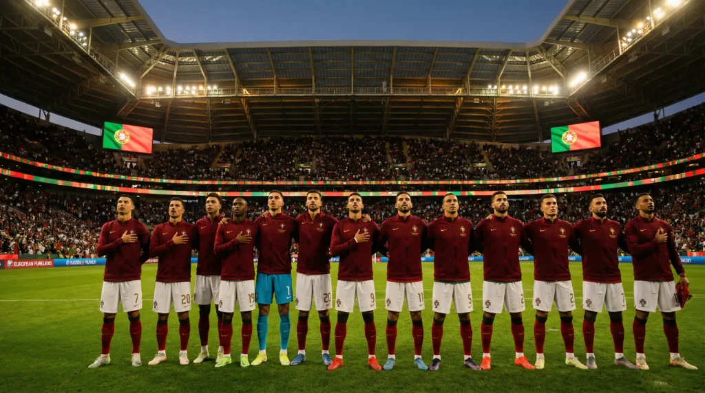 Portugalská fotbalová reprezentace na MS 2026 – hráči v tmavě červených dresech na stadionu