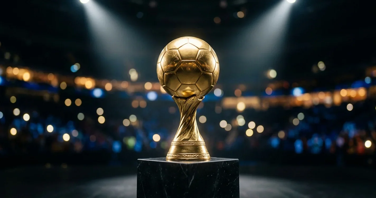 Zlat&aacute; fotbalov&aacute; trofej ve světle reflektorů na tmav&eacute;m pozad&iacute;