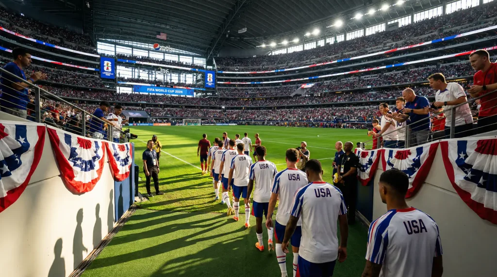 Americká fotbalová reprezentace USMNT na MS 2026 – hráči v bílých dresech na domácím stadionu