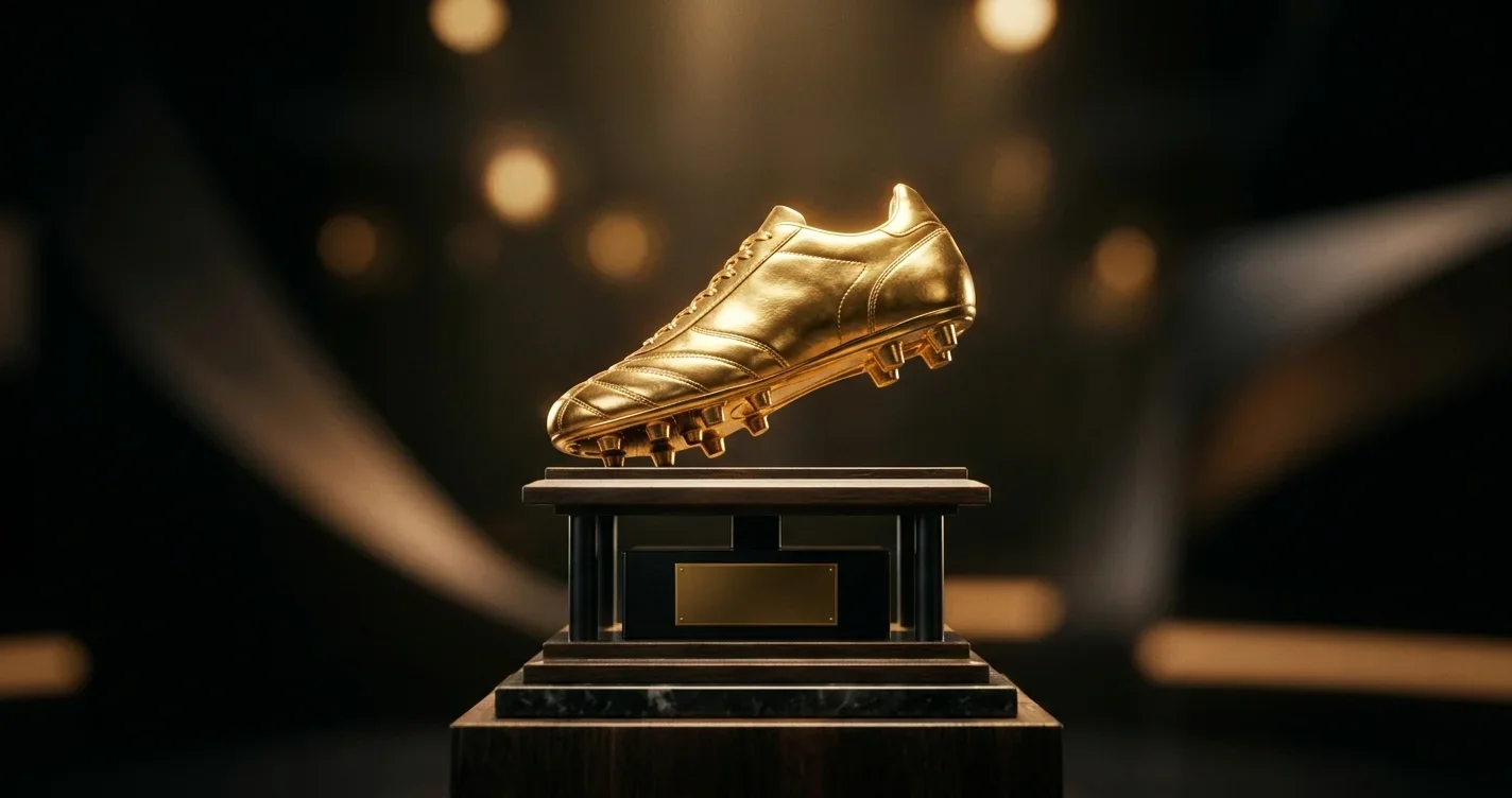 Zlat&aacute; fotbalov&aacute; kopačka jako trofej ve světle reflektorů