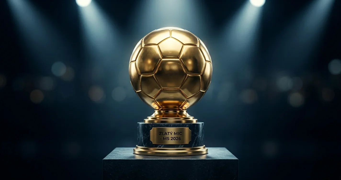 Zlat&yacute; m&iacute;č jako trofej na podstavci ve světle reflektorů